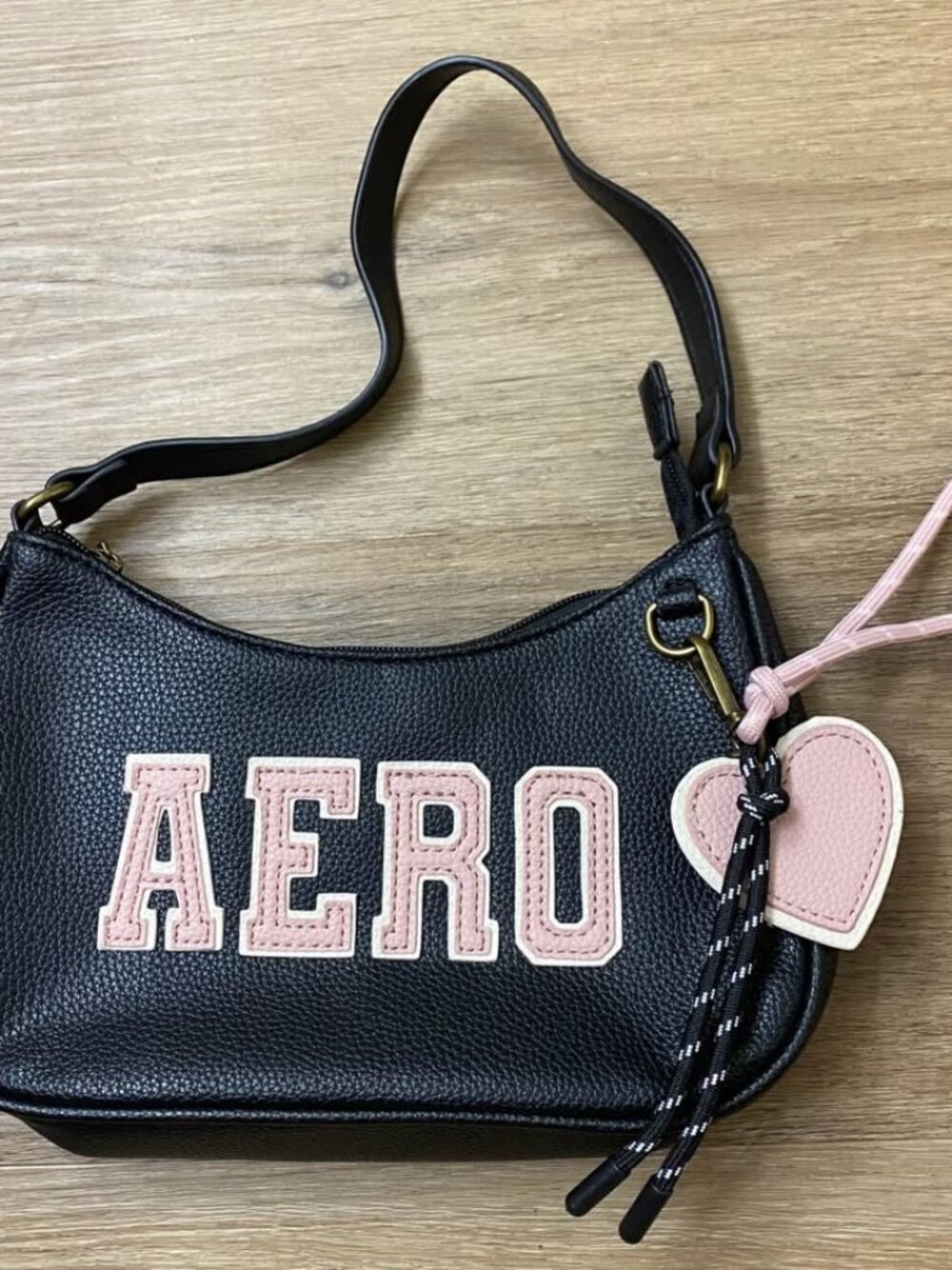 AERO Black & Rose Pink Shoulder Bag – Embroidered Logo & Heart Charm